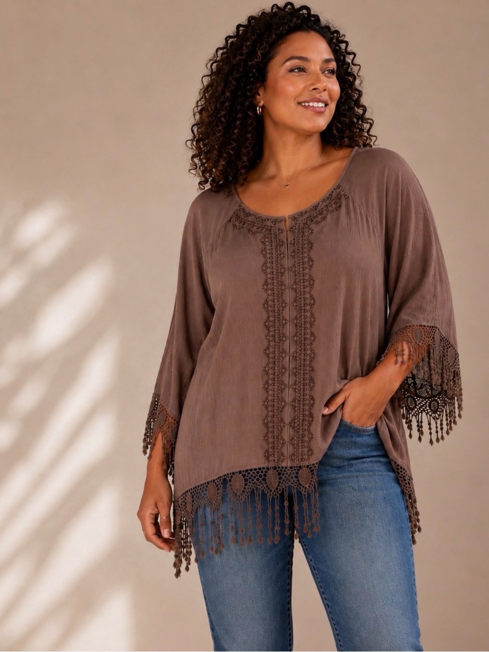 indigo soul Brown Crochet-Trim Tassel Hem Blouse